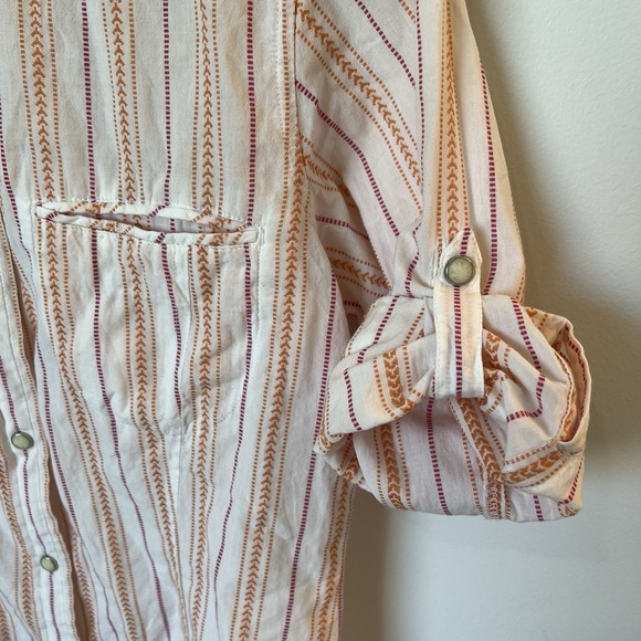 The North Face Women Small White Orange Striped Snap Front Roll Tab Sleeve Shirt - Picture 8 of 10